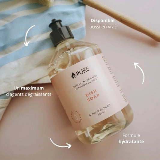 Liquide vaisselle ultraconcentré et dégraissant de la marque québécoise PURE - 500ml - Fleur d'amandier