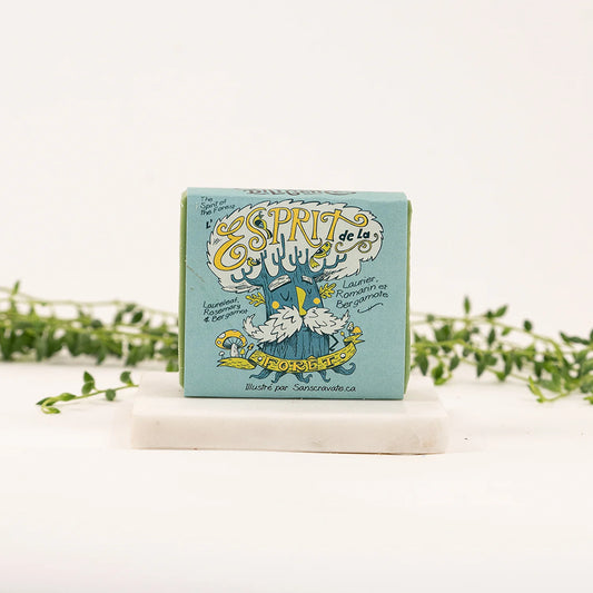 Savon artisanal L'Esprit de la Forêt de la Savonnerie des Diligences, dans son emballage.