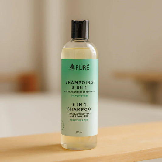 Shampoing 3 en 1 pour cheveux, barbe et corps, au thé vert et pin, de la marque PURE - Produit au Québec